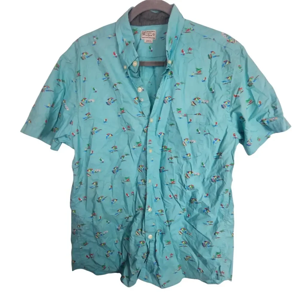 J. Crew Mens Cotton Beach Print Button Down Shirt Sz L Summer Resortwear Travel
